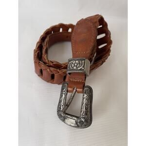 DKNY Belt Womens Genuine Leather Braided Trim Sz S Vintage Silver